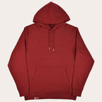 A solid dark red pullover hoodie with matching drawstrings and a front kangaroo pocket, displayed flat against a plain white background.