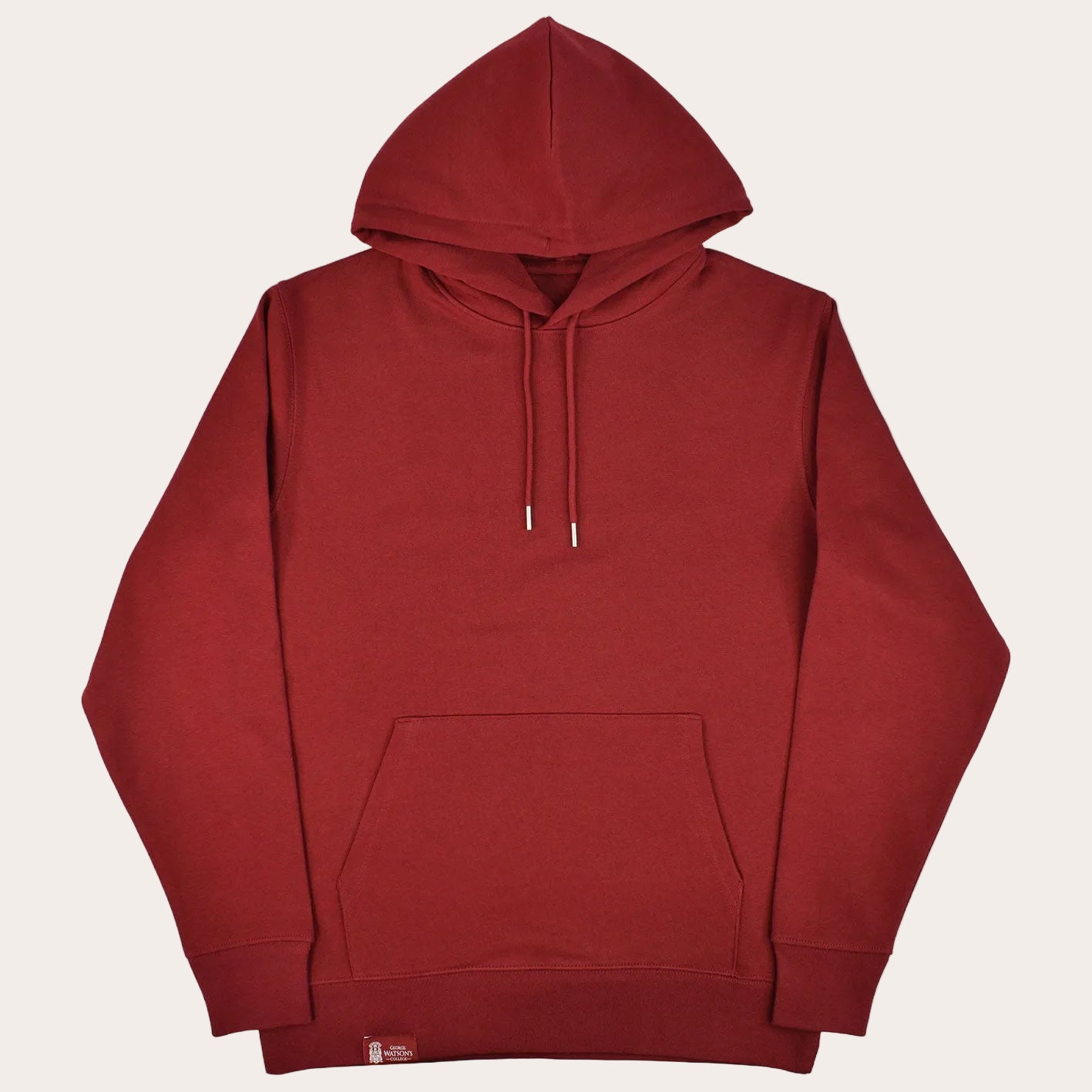 A solid dark red pullover hoodie with matching drawstrings and a front kangaroo pocket, displayed flat against a plain white background.