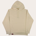 A cream-colored pullover hoodie with a front kangaroo pocket and matching drawstrings, displayed flat against a solid white background.