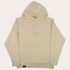 A cream-colored pullover hoodie with a front kangaroo pocket and matching drawstrings, displayed flat against a solid white background.