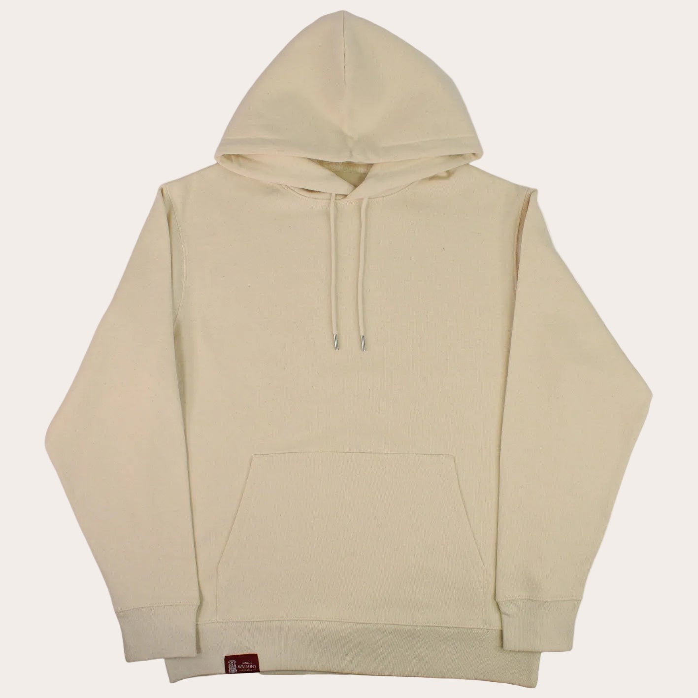 A cream-colored pullover hoodie with a front kangaroo pocket and matching drawstrings, displayed flat against a solid white background.