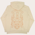 A cream-colored hoodie shown from the back, featuring a large tan graphic of a medieval knight, shield, and lions with the text 'EX CORDE CARITAS' above it.