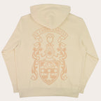 A cream-colored hoodie shown from the back, featuring a large tan graphic of a medieval knight, shield, and lions with the text 'EX CORDE CARITAS' above it.