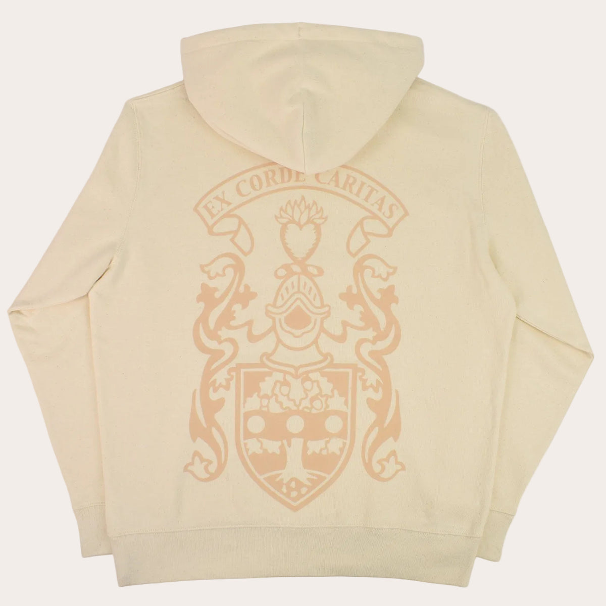 A cream-colored hoodie shown from the back, featuring a large tan graphic of a medieval knight, shield, and lions with the text 'EX CORDE CARITAS' above it.
