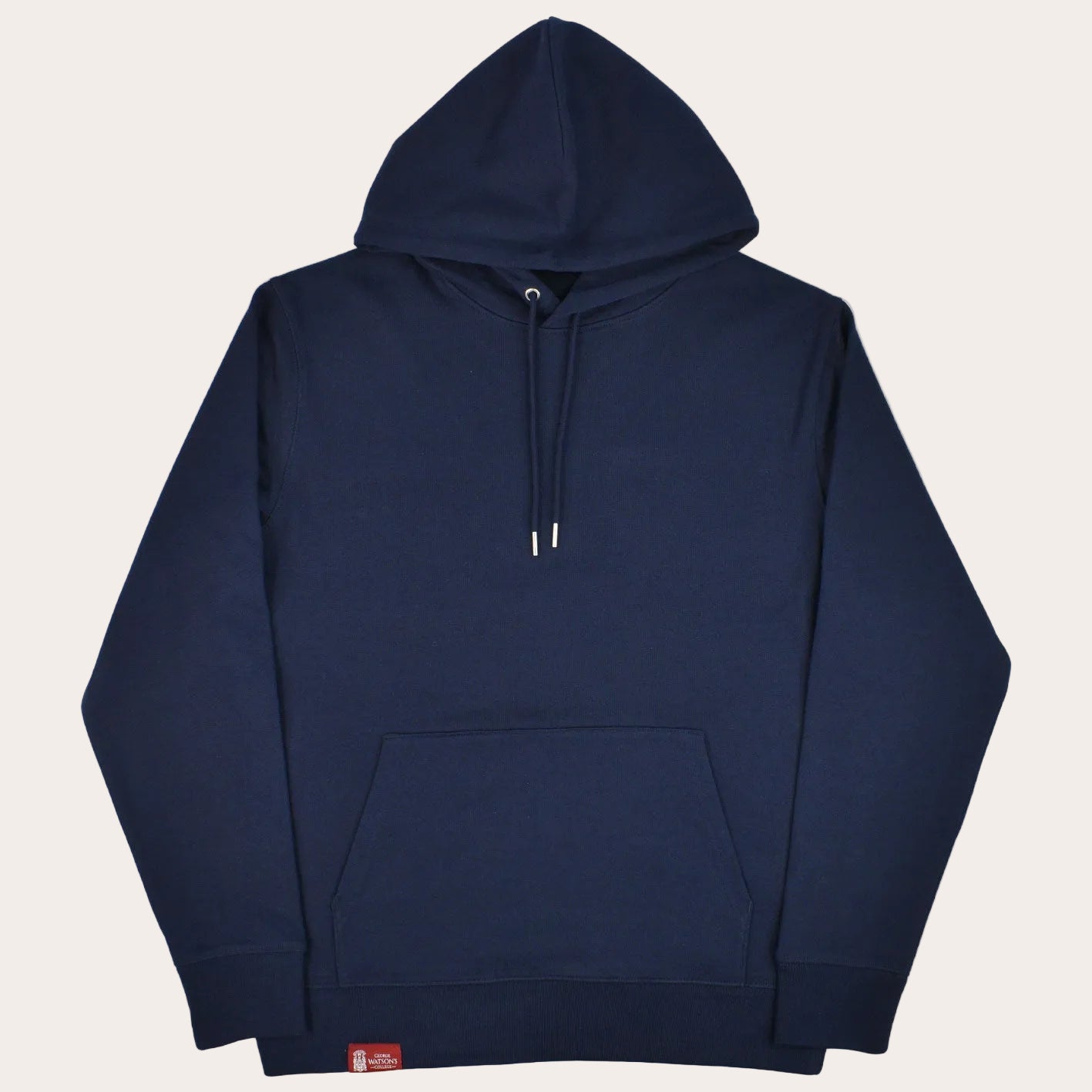 A navy blue pullover hoodie with white drawstrings and a small red brand tag near the bottom hem, displayed against a solid white background.