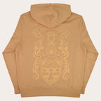 A tan hoodie shown from the back, featuring a large, tonal gold crest graphic with the motto 'EX COLUMBARIAS' on a white background.