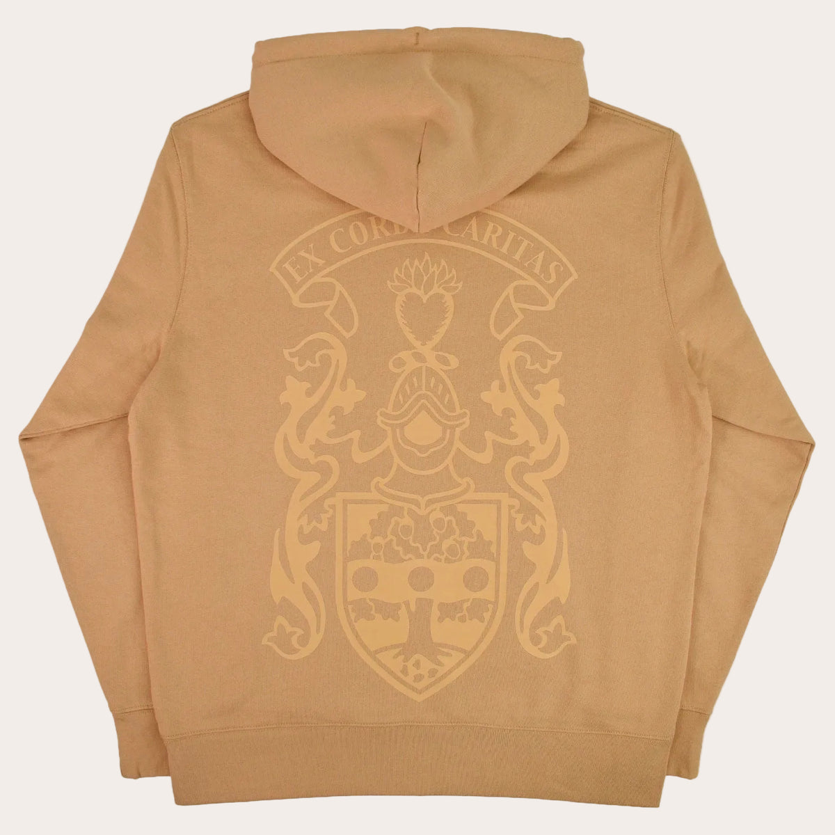 A tan hoodie shown from the back, featuring a large, tonal gold crest graphic with the motto 'EX COLUMBARIAS' on a white background.