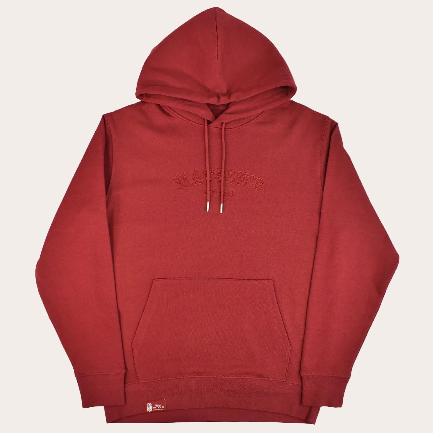 A red pullover hoodie with a tonal embroidered Watson's on the chest, featuring white drawstrings and a front kangaroo pocket, shown against a plain white background.