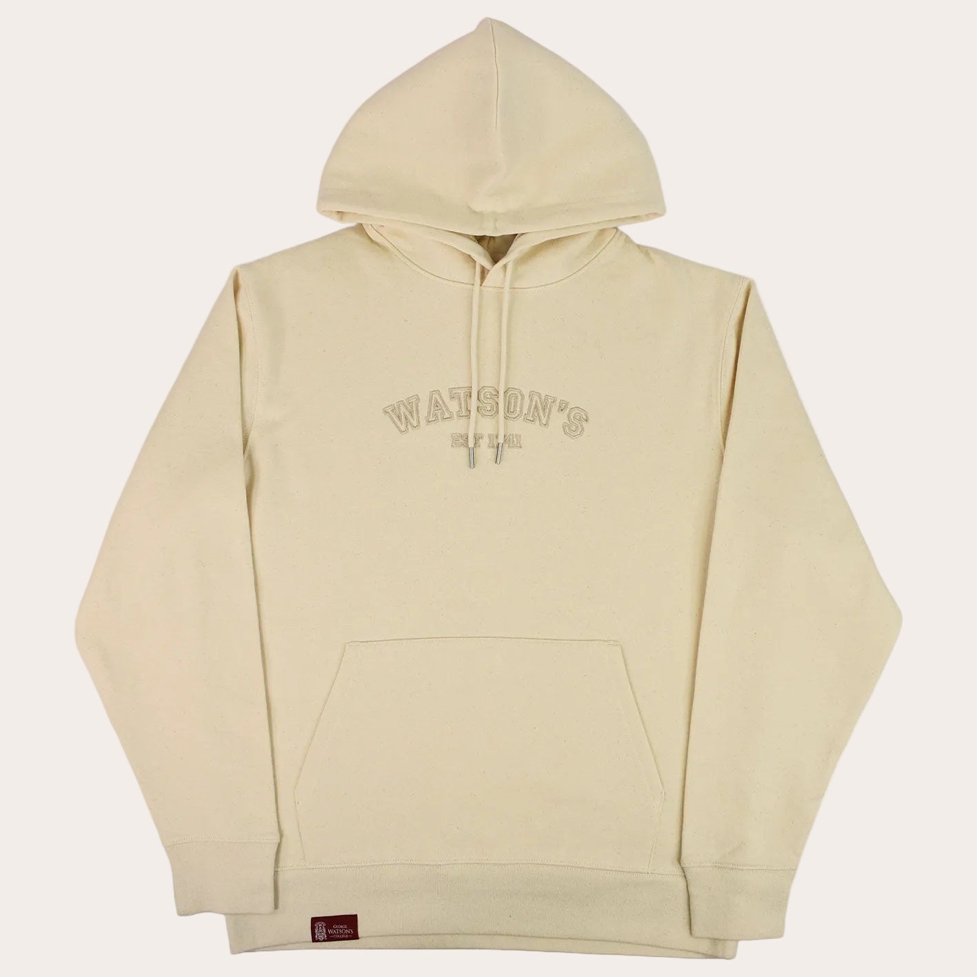 A cream-colored pullover hoodie with 'WATSON'S' and 'EST. 2011' printed in tonal embroidery on the chest, displayed against a solid white background.