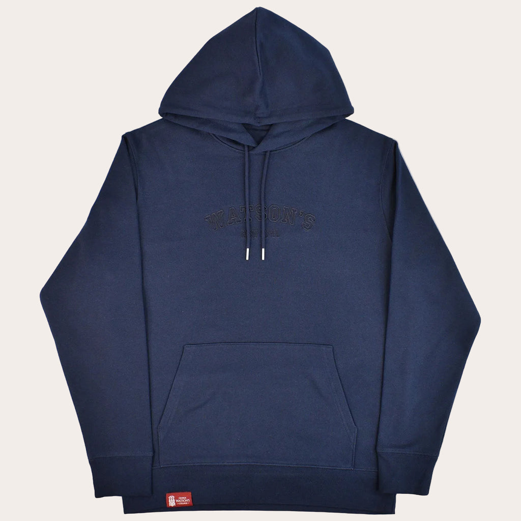 A navy blue pullover hoodie with a kangaroo pocket and drawstrings, featuring a dark embroidered graphic on the chest.