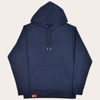 A navy blue pullover hoodie with a kangaroo pocket and drawstrings, featuring a dark embroidered graphic on the chest.