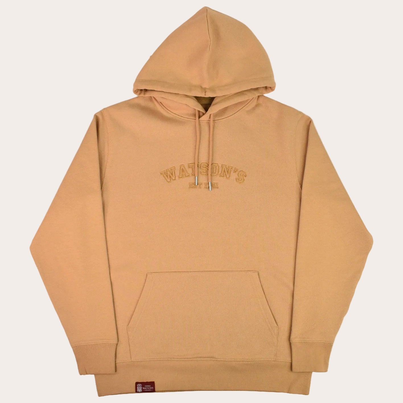 A tan pullover hoodie with 'WATSON'S 1741' embroidered on the chest, displayed flat against a white background.