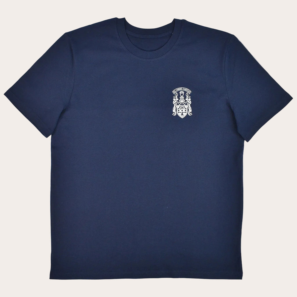 A navy blue short-sleeve crewneck t-shirt with a small white crest graphic printed on the left chest, displayed on a solid white background.