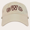 An off-white baseball cap featuring 'GWC' embroidered in maroon varsity-style block letters on the front, set against a plain white background.