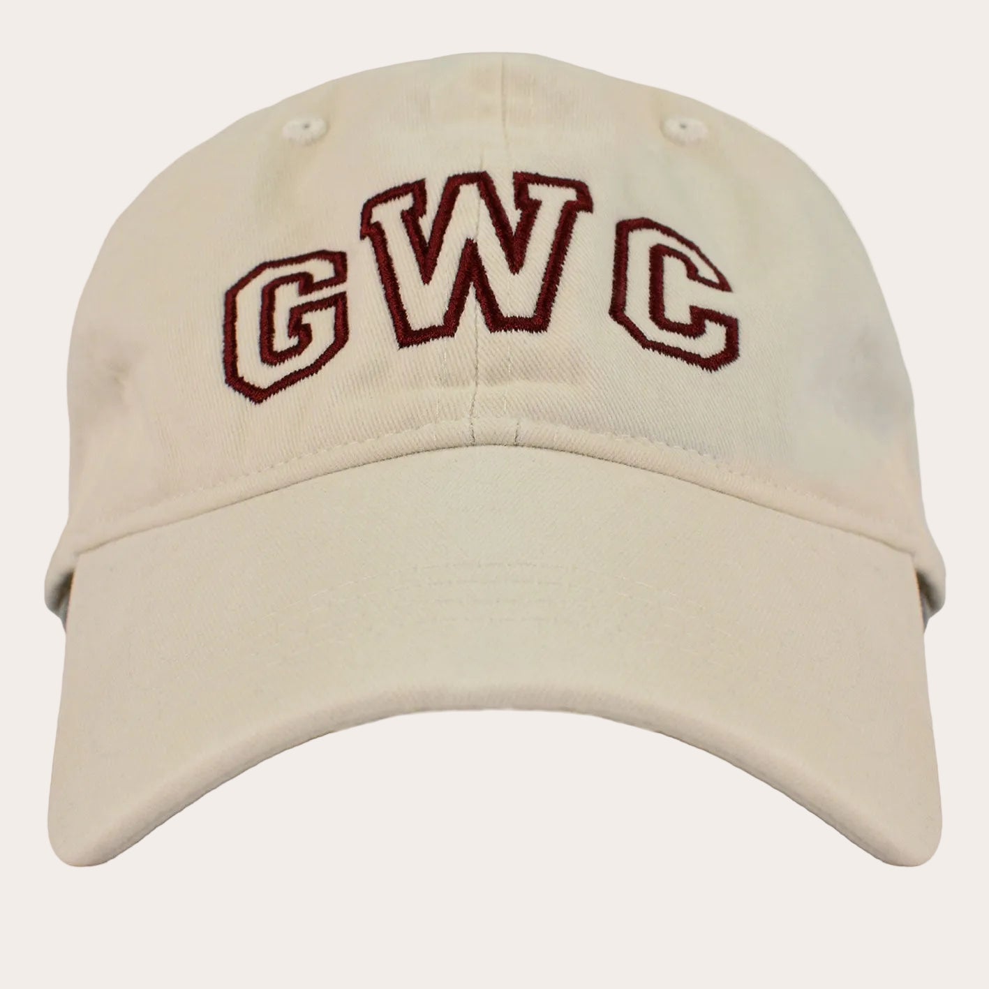 An off-white baseball cap featuring 'GWC' embroidered in maroon varsity-style block letters on the front, set against a plain white background.