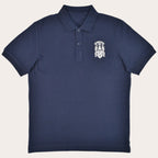 A navy blue short-sleeve polo shirt with a white embroidered crest on the left chest, displayed on a clean white background.