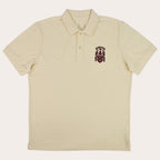 A cream-colored short-sleeve polo shirt with a small embroidered crest on the left chest, displayed flat against a white background.