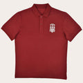 A short-sleeve polo shirt in deep red with a white embroidered crest on the left chest, displayed on a clean white background.