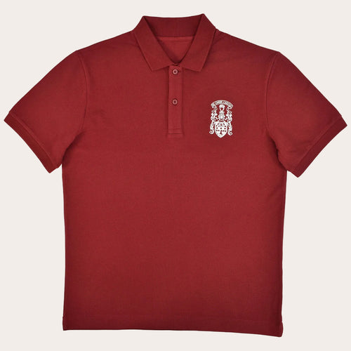 A short-sleeve polo shirt in deep red with a white embroidered crest on the left chest, displayed on a clean white background.