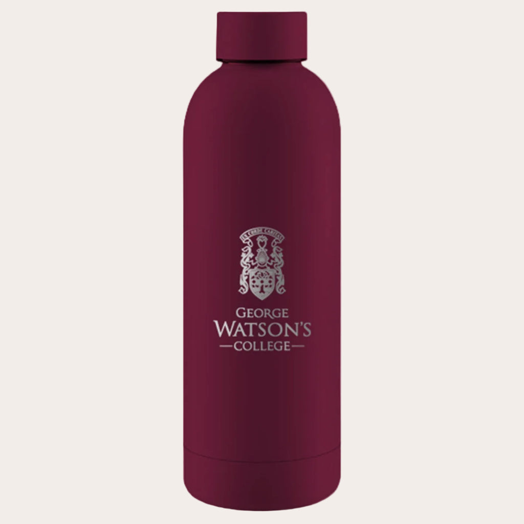 Maroon water bottle with 'George Watson's College' logo on a white background