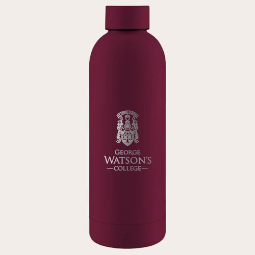 Maroon water bottle with 'George Watson's College' logo on a white background