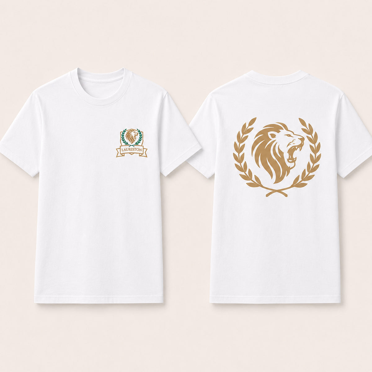 Two white short-sleeve T-shirts shown front and back on a light beige background. The front shirt has a small crest-style graphic on the left chest with a lion and banner text.
